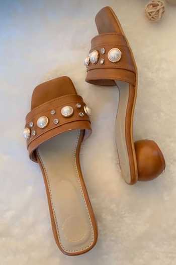 Shop Modanta Footwear Brown Diamonds, Pearls Embellished Block Heels at Aza Fashions Shop_Modanta Footwear_Brown Diamonds, Pearls Embellished Block Heels _at_Aza_Fashions