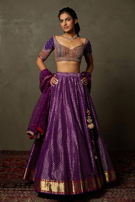 Buy_RI.Ritu Kumar_Purple Blouse Chinon, Dupatta Organza, Lehenga Banaras Bridal Set _Online_at_Aza_Fashions