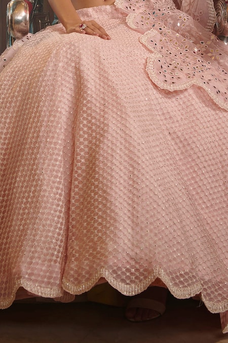 Sawan Gandhi_Pink Georgette Dupatta Net Checkered Motifs Embroidered Bridal Lehenga Set_Online_at_Aza_Fashions