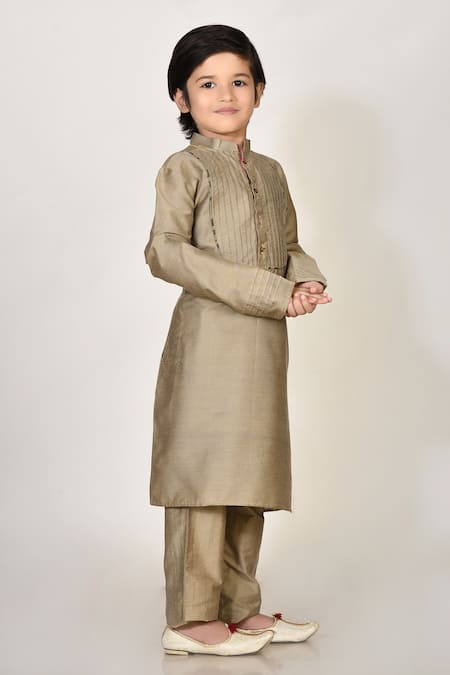 Petite Pomme_Brown Handloom Cotton, Silk Kurta And Pant Set _Online_at_Aza_Fashions