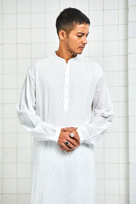 Shop Rajesh Pratap Singh White Cotton Textured Kurta Set Online at Aza Fashions Shop_Rajesh Pratap Singh_White Cotton Textured Kurta Set _Online_at_Aza_Fashions