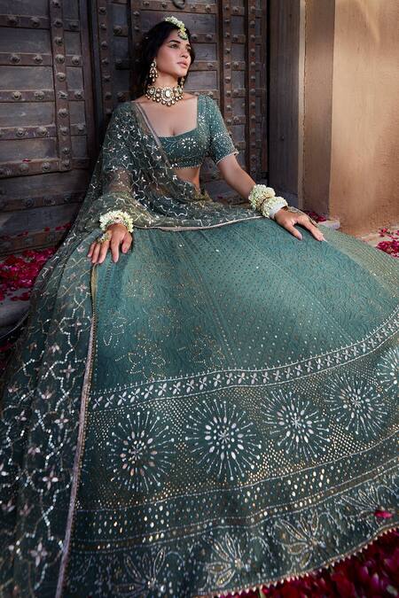 Buy Kritika Dawar Green Chanderi, Georgette, Net Mirrors, Scallop Embroidered Bridal Lehenga Set Online at Aza Fashions Buy_Kritika Dawar_Green Chanderi, Georgette, Net Mirrors, Scallop Embroidered Bridal Lehenga Set _Online_at_Aza_Fashions