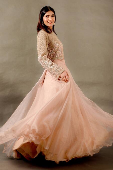 Omana By Ranjana Bothra_Pink Silk, Net, Organza Embroidery Open Neck Broom Cape Jacket Lehenga Set _Online_at_Aza_Fashions