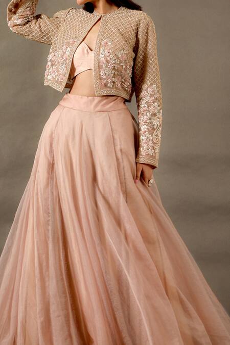 Buy Omana By Ranjana Bothra Pink Silk, Net, Organza Embroidery Open Neck Broom Cape Jacket Lehenga Set Online at Aza Fashions Buy_Omana By Ranjana Bothra_Pink Silk, Net, Organza Embroidery Open Neck Broom Cape Jacket Lehenga Set _Online_at_Aza_Fashions