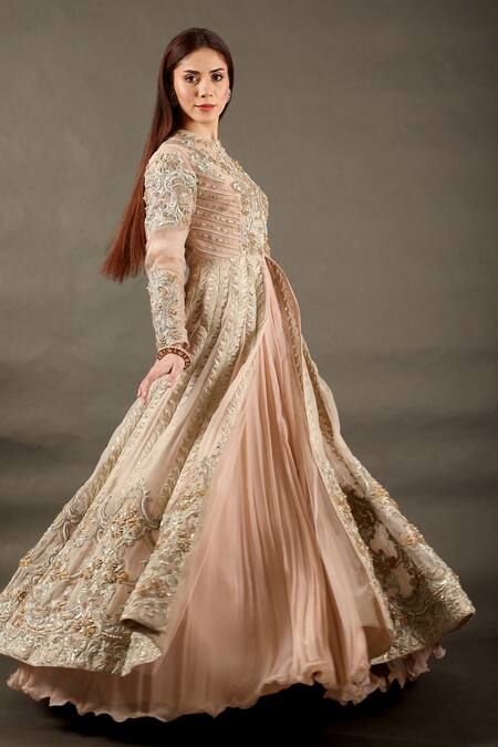 Omana By Ranjana Bothra_Pink Organza, Chiffon Embroidery Round Neck Long Jacket And Maxi Gown Set _Online_at_Aza_Fashions