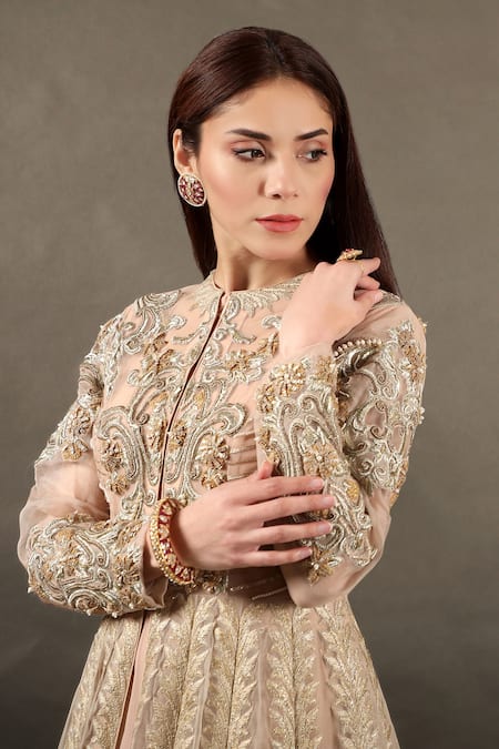 Buy_Omana By Ranjana Bothra_Pink Organza, Chiffon Embroidery Round Neck Long Jacket And Maxi Gown Set _Online_at_Aza_Fashions