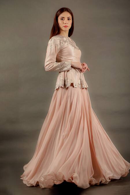 Omana By Ranjana Bothra_Pink Silk, Viscose, Satin, Organza Embroidery Mina Peplum And Lehenga Skirt Set _Online_at_Aza_Fashions