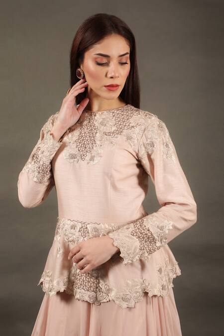Buy_Omana By Ranjana Bothra_Pink Silk, Viscose, Satin, Organza Embroidery Mina Peplum And Lehenga Skirt Set _Online_at_Aza_Fashions