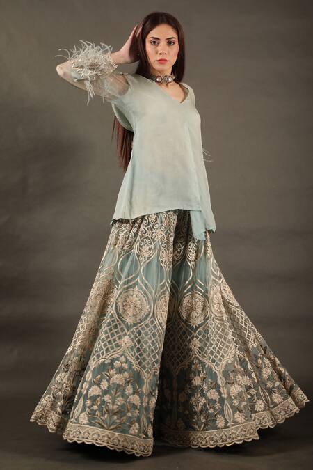 Omana By Ranjana Bothra_Blue Organza, Net, Crepe Tassels V-neck Floral Embroidered Sharara Set _Online_at_Aza_Fashions