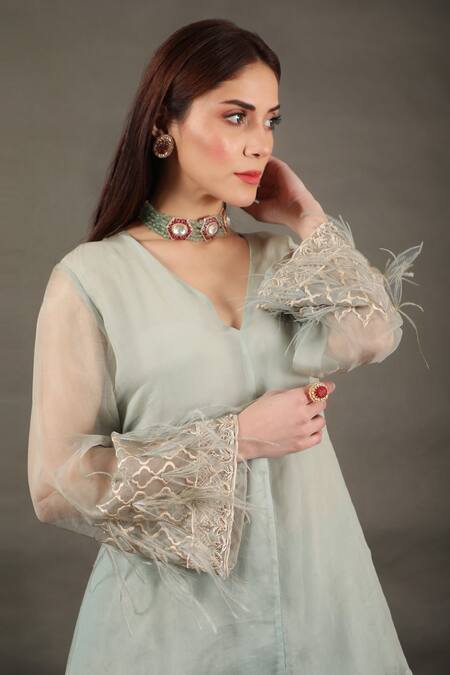 Buy_Omana By Ranjana Bothra_Blue Organza, Net, Crepe Tassels V-neck Floral Embroidered Sharara Set _Online_at_Aza_Fashions
