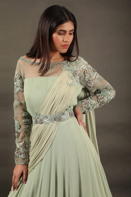 Omana By Ranjana Bothra_Green Georgette Embroidery Floral Draped Lehenga Saree _Online_at_Aza_Fashions