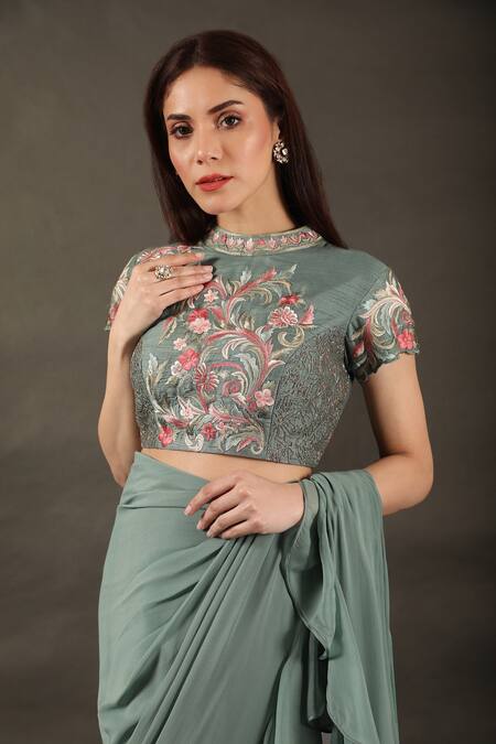 Omana By Ranjana Bothra_Green Georgette, Silk Embroidery High Pre-draped Frill Saree With Mayoor Blouse _Online_at_Aza_Fashions