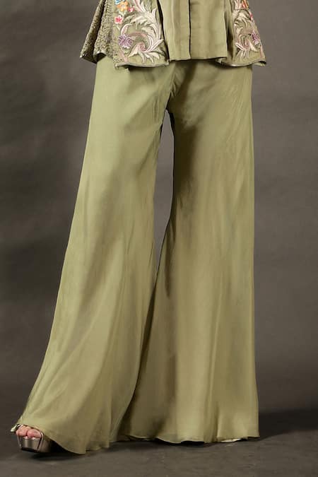 Shop_Omana By Ranjana Bothra_Green Organza, Georgette, Viscose, Satin Mayoor Jacket And Bell Bottom Pant Set _Online_at_Aza_Fashions