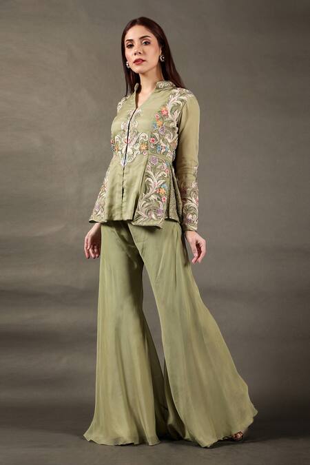Omana By Ranjana Bothra_Green Organza, Georgette, Viscose, Satin Mayoor Jacket And Bell Bottom Pant Set _Online_at_Aza_Fashions