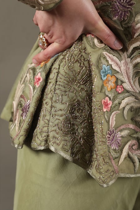 Buy_Omana By Ranjana Bothra_Green Organza, Georgette, Viscose, Satin Mayoor Jacket And Bell Bottom Pant Set _Online_at_Aza_Fashions