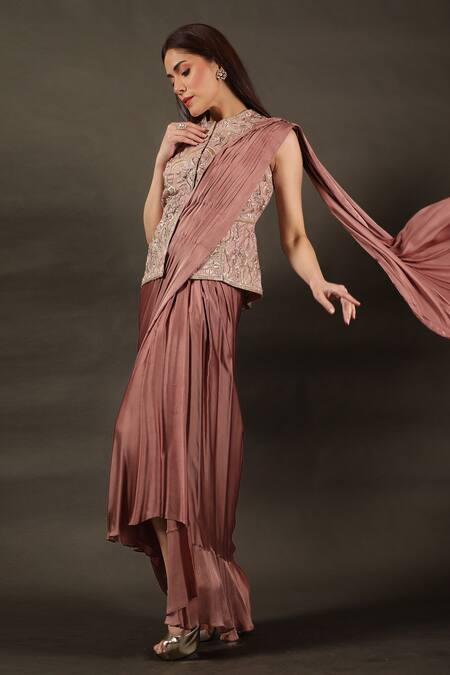 Omana By Ranjana Bothra_Pink Satin, Organza Embroidery Round Neck Dhoti Saree With Nehru Jacket _Online_at_Aza_Fashions