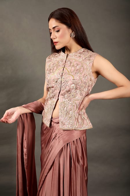 Buy_Omana By Ranjana Bothra_Pink Satin, Organza Embroidery Round Neck Dhoti Saree With Nehru Jacket _Online_at_Aza_Fashions