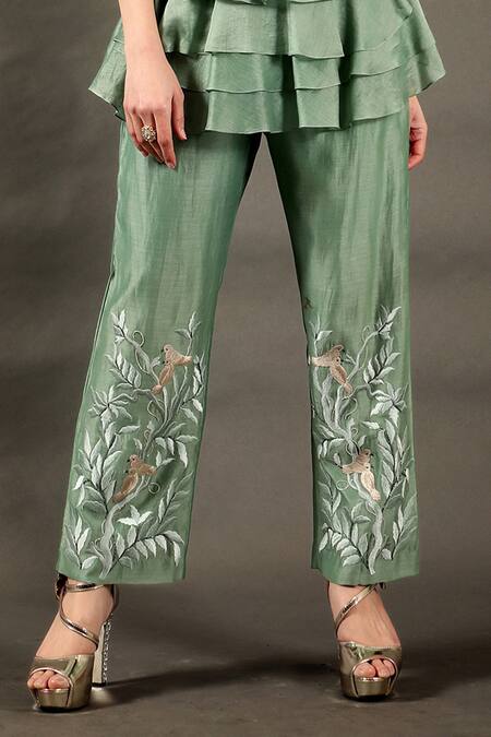 Buy Omana By Ranjana Bothra Green Cotton, Chanderi Embroidery Round Neck Bird Layered Peplum And Pant Set Online at Aza Fashions Buy_Omana By Ranjana Bothra_Green Cotton, Chanderi Embroidery Round Neck Bird Layered Peplum And Pant Set _Online_at_Aza_Fashions