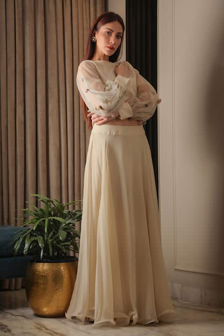 Omana By Ranjana Bothra Ivory Organza Embroidery Square Neck Floral Anchor Top And Skirt Set Online at Aza Fashions Omana By Ranjana Bothra_Ivory Organza Embroidery Square Neck Floral Anchor Top And Skirt Set _Online_at_Aza_Fashions