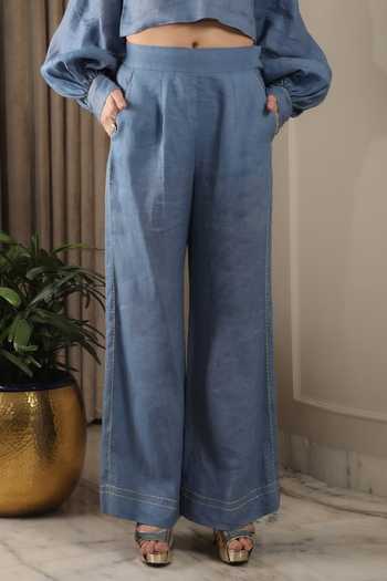 Omana By Ranjana Bothra_Blue Square Neck Bird Embroidered Top And Pant Set _Online_at_Aza_Fashions