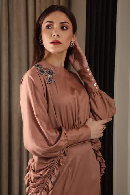 Omana By Ranjana Bothra_Brown Modal Embroidery, Brooches Crew Neck Coffee Ruched Top And Skirt Co-ord Set _Online_at_Aza_Fashions