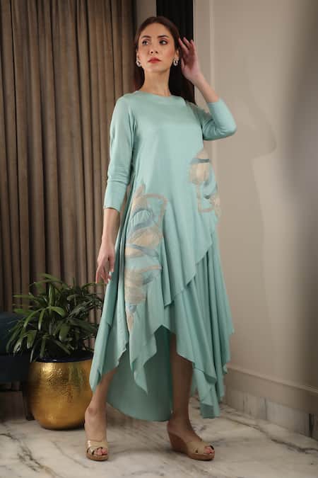 Omana By Ranjana Bothra_Blue Modal, Satin Embroidery Crew Neck Large Floral Multi Layered Dress _Online_at_Aza_Fashions