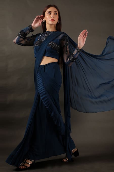 Omana By Ranjana Bothra_Blue Net, Satin, Georgette Sequins, Beads, Pre-draped Saree With Blouse _Online_at_Aza_Fashions