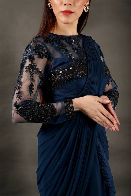 Buy_Omana By Ranjana Bothra_Blue Net, Satin, Georgette Sequins, Beads, Pre-draped Saree With Blouse _Online_at_Aza_Fashions
