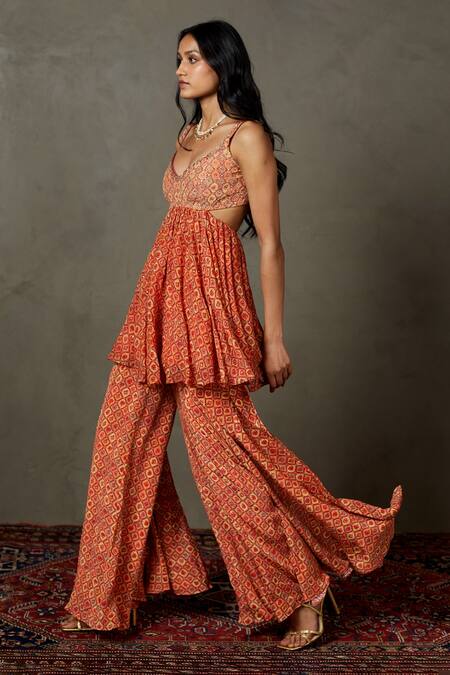 RI.Ritu Kumar_Red Anarkali Viscose And Crepe Embroidered Floral Jaal Reemshak & Gharara Set_Online_at_Aza_Fashions