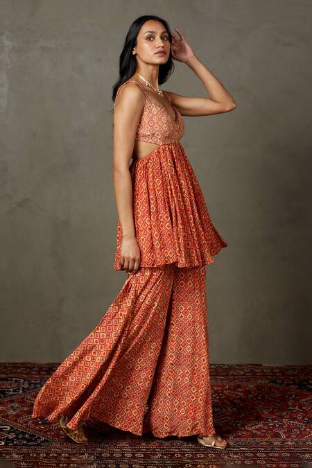 Buy_RI.Ritu Kumar_Red Anarkali Viscose And Crepe Embroidered Floral Jaal Reemshak & Gharara Set_Online_at_Aza_Fashions