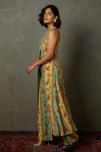 RI.Ritu Kumar Green Silk, Viscose Embroidery Dahlia Floral Pattern Slit Kurta And Pant Set Online at Aza Fashions RI.Ritu Kumar_Green Silk, Viscose Embroidery Dahlia Floral Pattern Slit Kurta And Pant Set _Online_at_Aza_Fashions