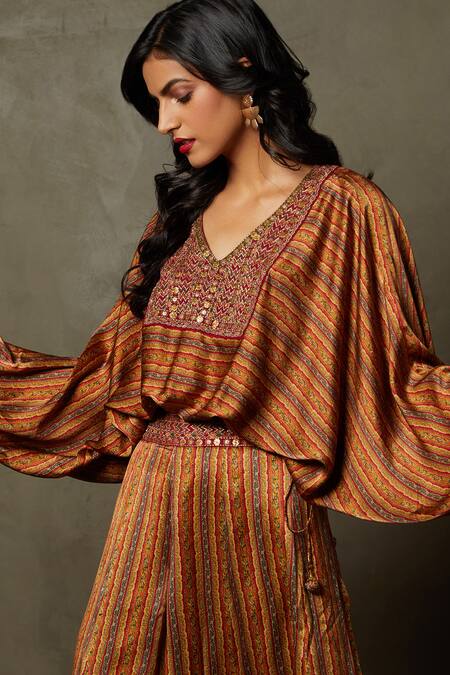 RI.Ritu Kumar_Brown Satin, Tassels, Embroidery Noor Floral Print Top And Palazzo Set _Online_at_Aza_Fashions