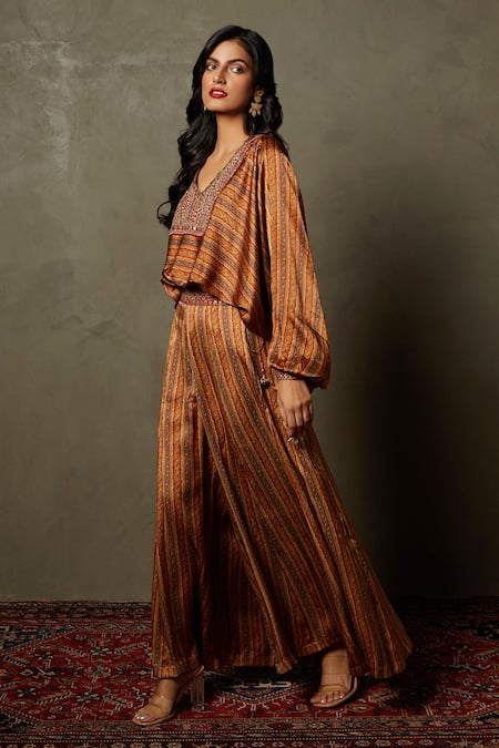 Buy_RI.Ritu Kumar_Brown Satin, Tassels, Embroidery Noor Floral Print Top And Palazzo Set _Online_at_Aza_Fashions