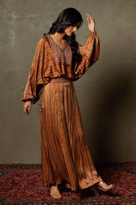 Shop_RI.Ritu Kumar_Brown Satin, Tassels, Embroidery Noor Floral Print Top And Palazzo Set _Online_at_Aza_Fashions