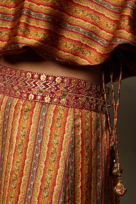 RI.Ritu Kumar_Brown Satin, Tassels, Embroidery Noor Floral Print Top And Palazzo Set _at_Aza_Fashions