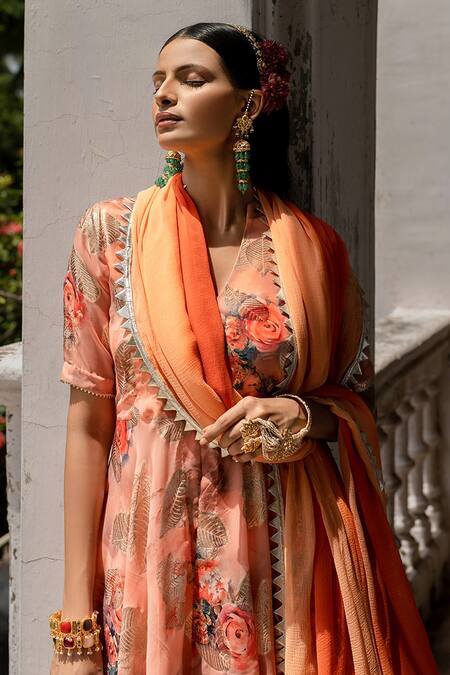 Amrin Khan_Peach Georgette And Chiffon & Embroidery Floral & Anarkali Palazzo Set _Online_at_Aza_Fashions