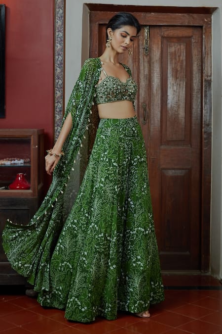 Arpita Mehta_Green Georgette Embroidery, Mirrors Sweetheart Neck Floral Blouse And Sharara Set_Online_at_Aza_Fashions