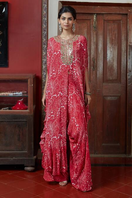 Buy_Arpita Mehta_Red Georgette Garden Print Long Cape And Pant Set_Online_at_Aza_Fashions
