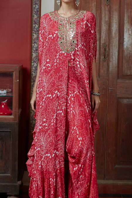 Shop_Arpita Mehta_Red Georgette Garden Print Long Cape And Pant Set_Online_at_Aza_Fashions