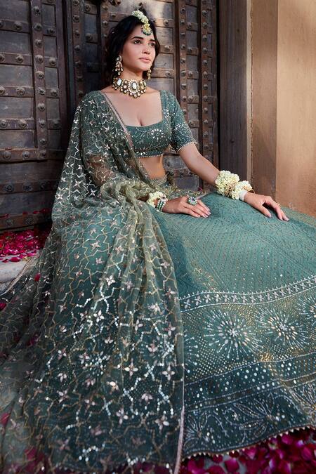 Kritika Dawar Green Chanderi, Georgette, Net Mirrors, Scallop Embroidered Bridal Lehenga Set at Aza Fashions Kritika Dawar_Green Chanderi, Georgette, Net Mirrors, Scallop Embroidered Bridal Lehenga Set _at_Aza_Fashions