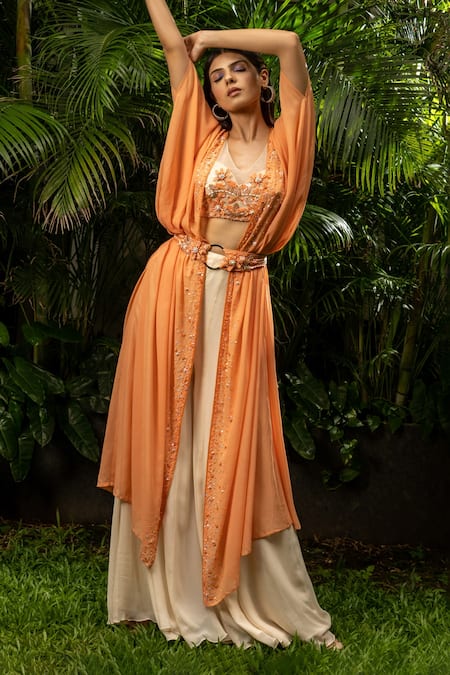 Richa Jaisinghani Label_Beige Georgette And Net Thread & Sequin, Border Embroidered Cape & Palazzo Set _Online_at_Aza_Fashions