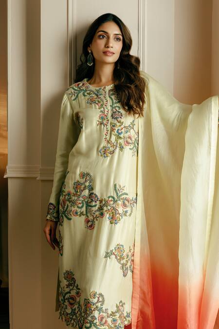 Nehha Nhata Beige Silk, Organza Embroidery Round Neck Floral Hand Straight Kurta Set Online at Aza Fashions Nehha Nhata_Beige Silk, Organza Embroidery Round Neck Floral Hand Straight Kurta Set _Online_at_Aza_Fashions