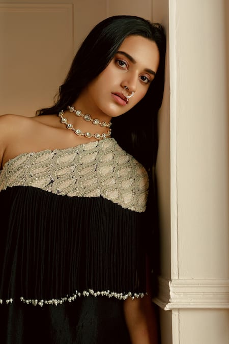 Buy_Nehha Nhata_Black Silk Embroidery One Shoulder Cape And Pant Set _Online_at_Aza_Fashions