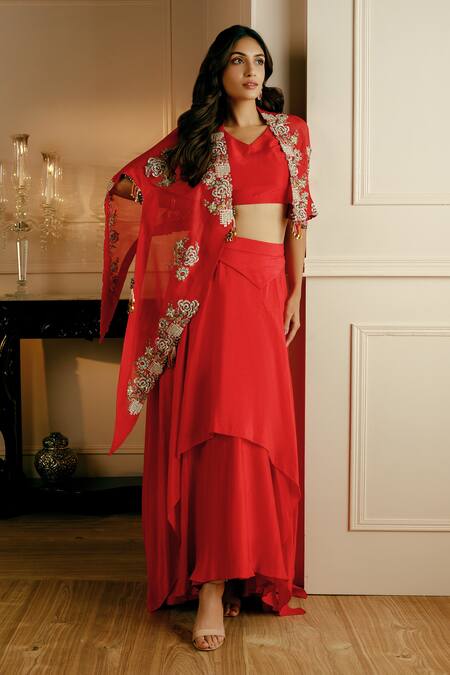 Nehha Nhata Red Silk, Organza Embroidery V-neck Hand Cape With Layered Skirt Set Online at Aza Fashions Nehha Nhata_Red Silk, Organza Embroidery V-neck Hand Cape With Layered Skirt Set _Online_at_Aza_Fashions