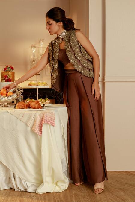 Shop Nehha Nhata Brown Satin Embroidery Open , Round Ruffle Jacket And Flap Pant Set Online at Aza Fashions Shop_Nehha Nhata_Brown Satin Embroidery Open , Round Ruffle Jacket And Flap Pant Set _Online_at_Aza_Fashions