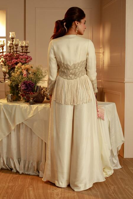 Nehha Nhata Off White Silk, Organza Tassels Cord Embroidered Jacket And Draped Pant Set Online at Aza Fashions Nehha Nhata_Off White Silk, Organza Tassels Cord Embroidered Jacket And Draped Pant Set _Online_at_Aza_Fashions