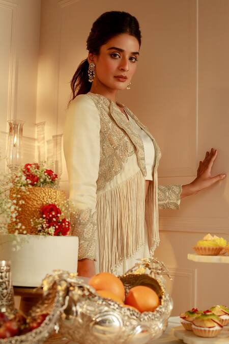 Buy Nehha Nhata Off White Silk, Organza Tassels Cord Embroidered Jacket And Draped Pant Set Online at Aza Fashions Buy_Nehha Nhata_Off White Silk, Organza Tassels Cord Embroidered Jacket And Draped Pant Set _Online_at_Aza_Fashions