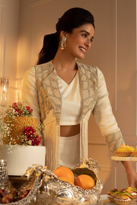 Shop Nehha Nhata Off White Silk, Organza Tassels Cord Embroidered Jacket And Draped Pant Set Online at Aza Fashions Shop_Nehha Nhata_Off White Silk, Organza Tassels Cord Embroidered Jacket And Draped Pant Set _Online_at_Aza_Fashions