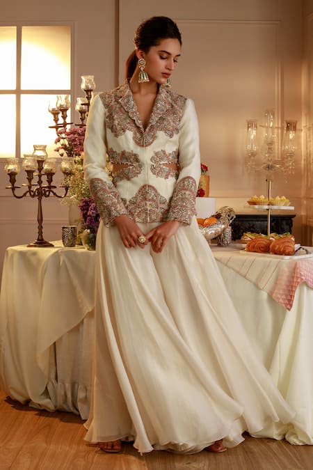 Nehha Nhata Off White Organza Embroidery Hand Blazer And Sharara Set Online at Aza Fashions Nehha Nhata_Off White Organza Embroidery Hand Blazer And Sharara Set _Online_at_Aza_Fashions