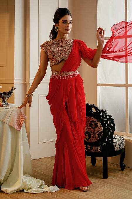 Nehha Nhata_Red Georgette Embroidery, Tassels Round Neck Draped Gharara Saree With Blouse _Online_at_Aza_Fashions
